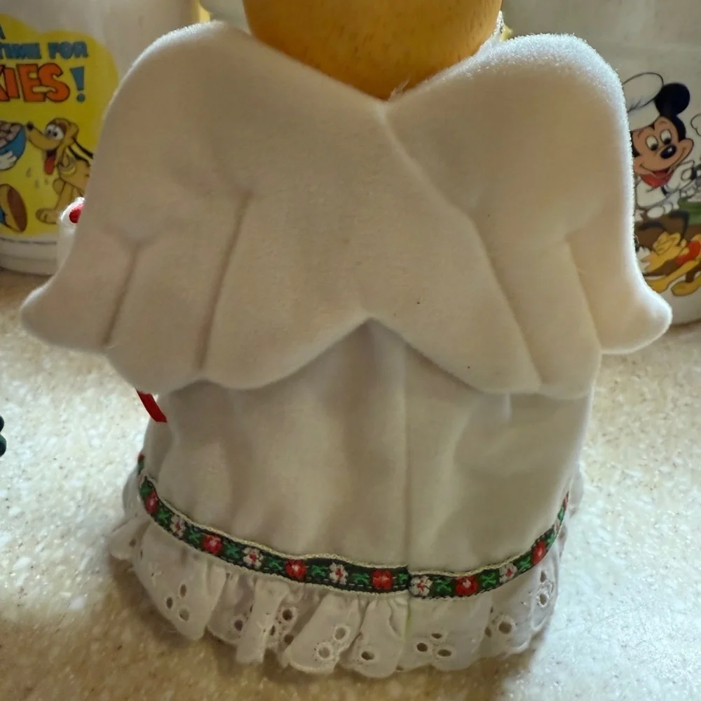 Vintage Angel Christmas Tree Topper Teddy Bear Figurine w/ Holiday White Dress